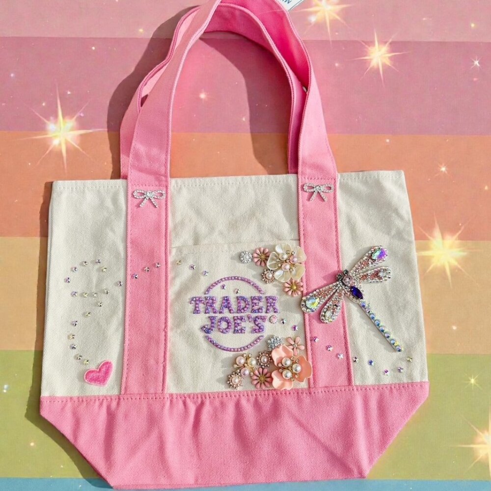 NWT Custom Rhinestone Embellished Pink Mini Trader Joe's Canvas Tote Bag